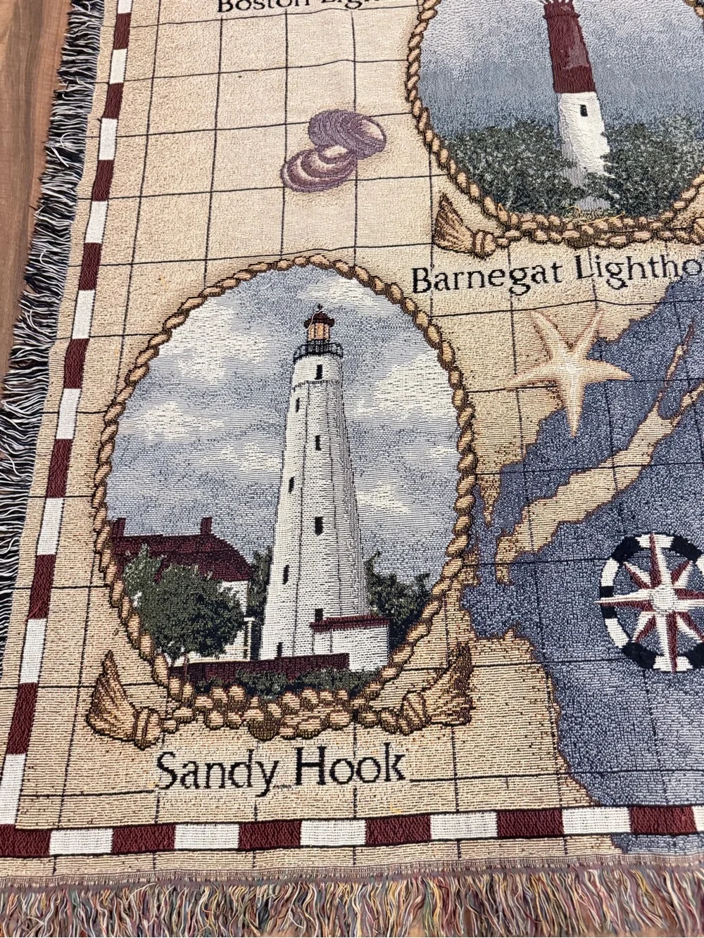 Vintage Lighthouses Of The Northeast Tapestry Blanket Throw Nautical 71”x52”